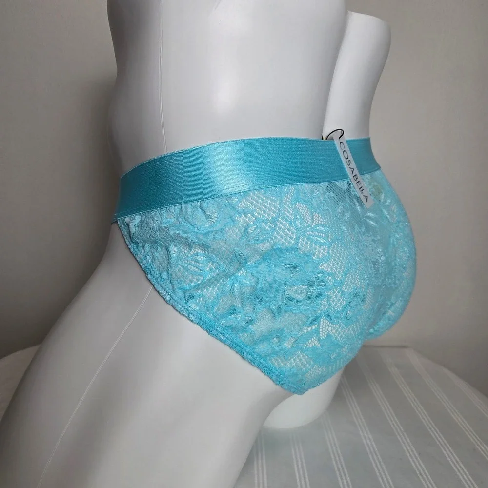 Cosabella Never Say Never Mens Lace Bikini Briefs Light Blue Floral Low Rise NEW